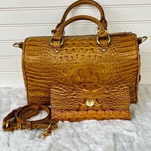 Brahmin Tan Croc-Embossed Satchel with Strap and Pouch